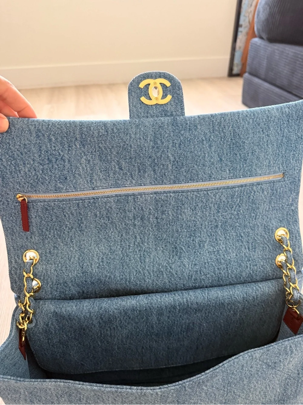 CHANEL Maxi Flapbag Light Blue Denim Quilted Flap Shoulder Bag with Gold Chain